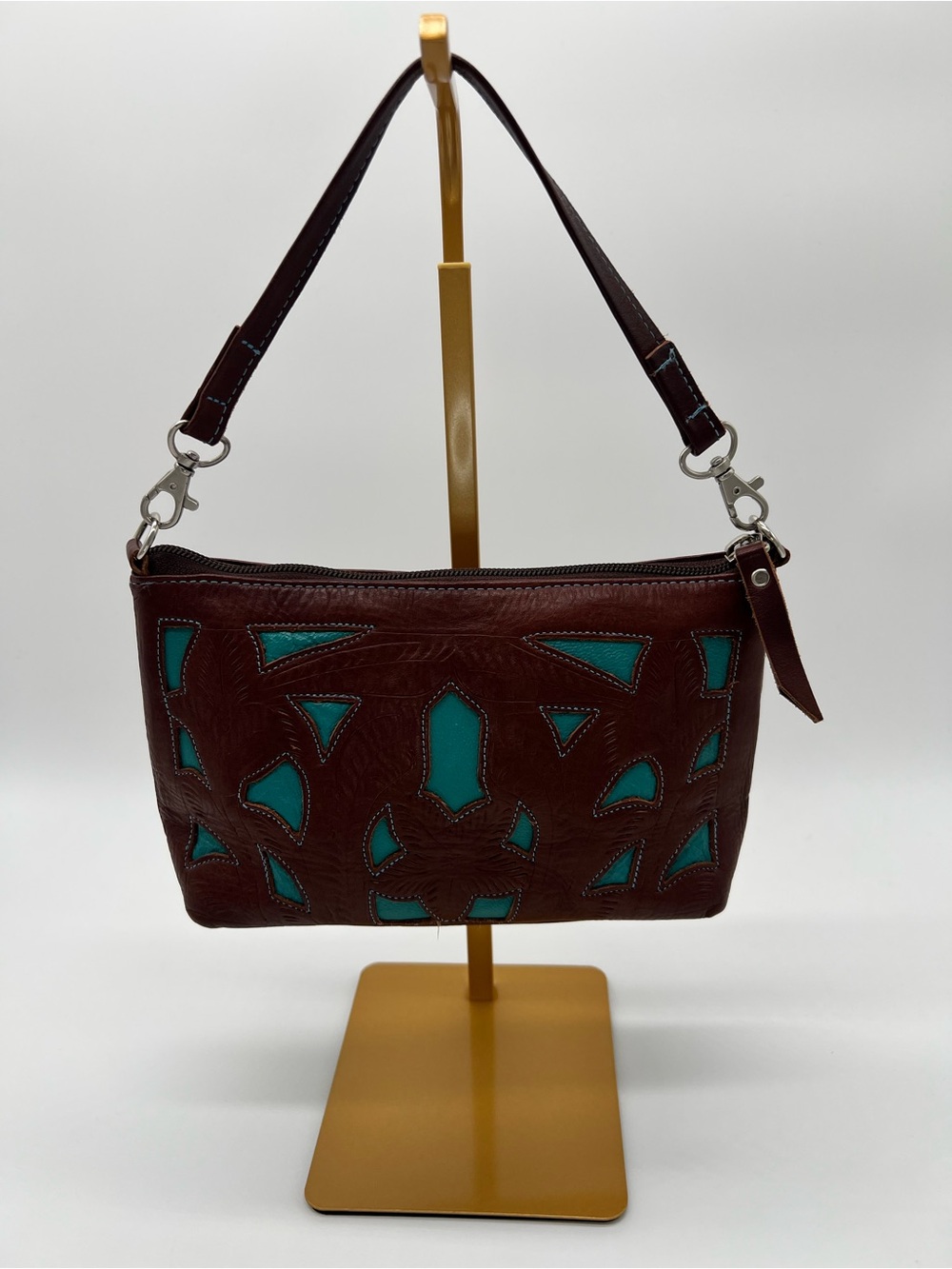 JL Salvidar Small Western Brown and Turquoise Leather Shoulder Bag